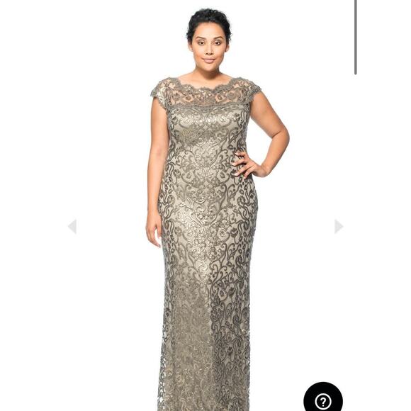 Tadashi Shoji Pailette Embroidered Lace Off Shoulder Gown - Picture 1 of 10